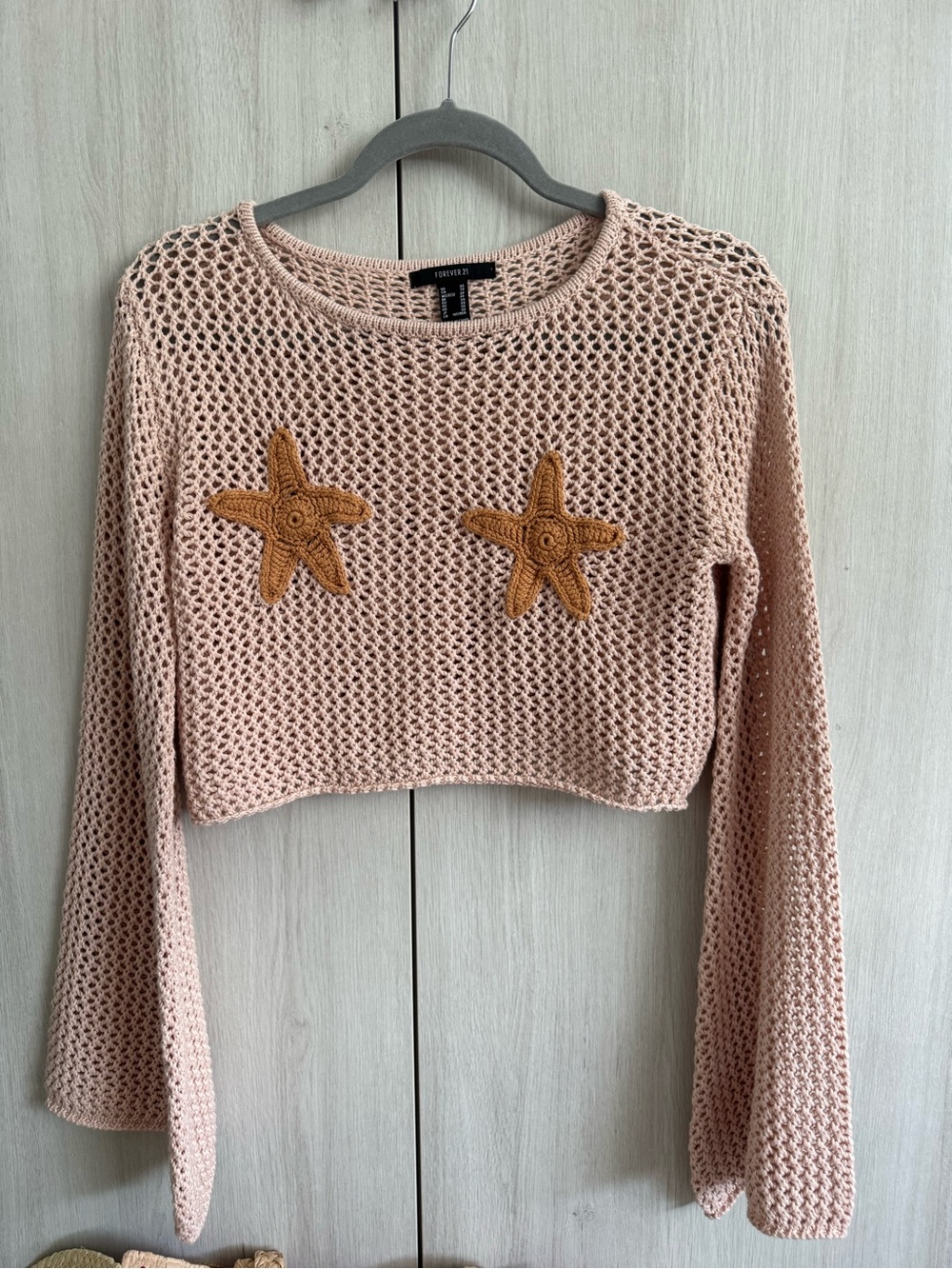 Forever 21 Cropped Open-Knit Sweater with Star Appliqués crochet style